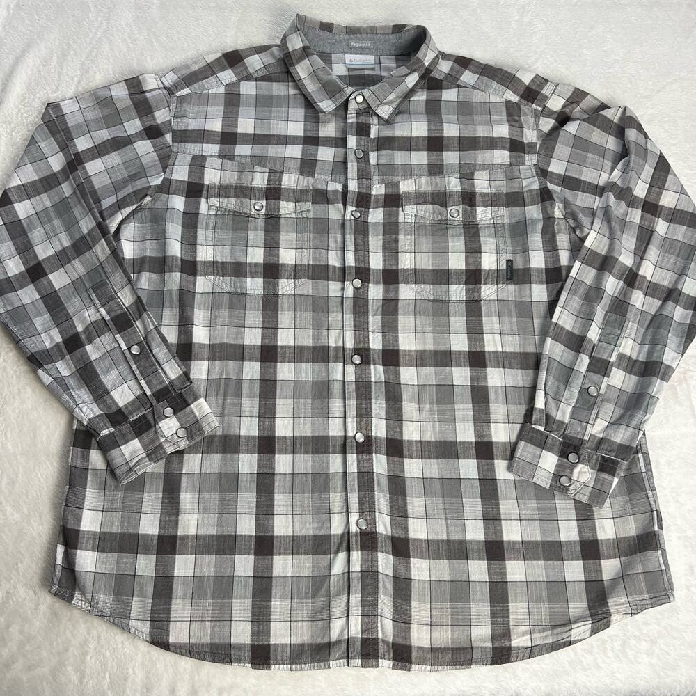 Columbia Men's Pearl Snap Gray Plaid Button Down Shirt Size XL